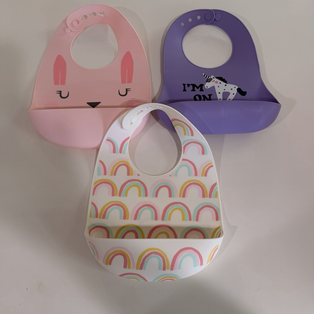 3 Pack Silicone Baby Bibs Soft Adjustable with Pocket Food Catcher Toddlers